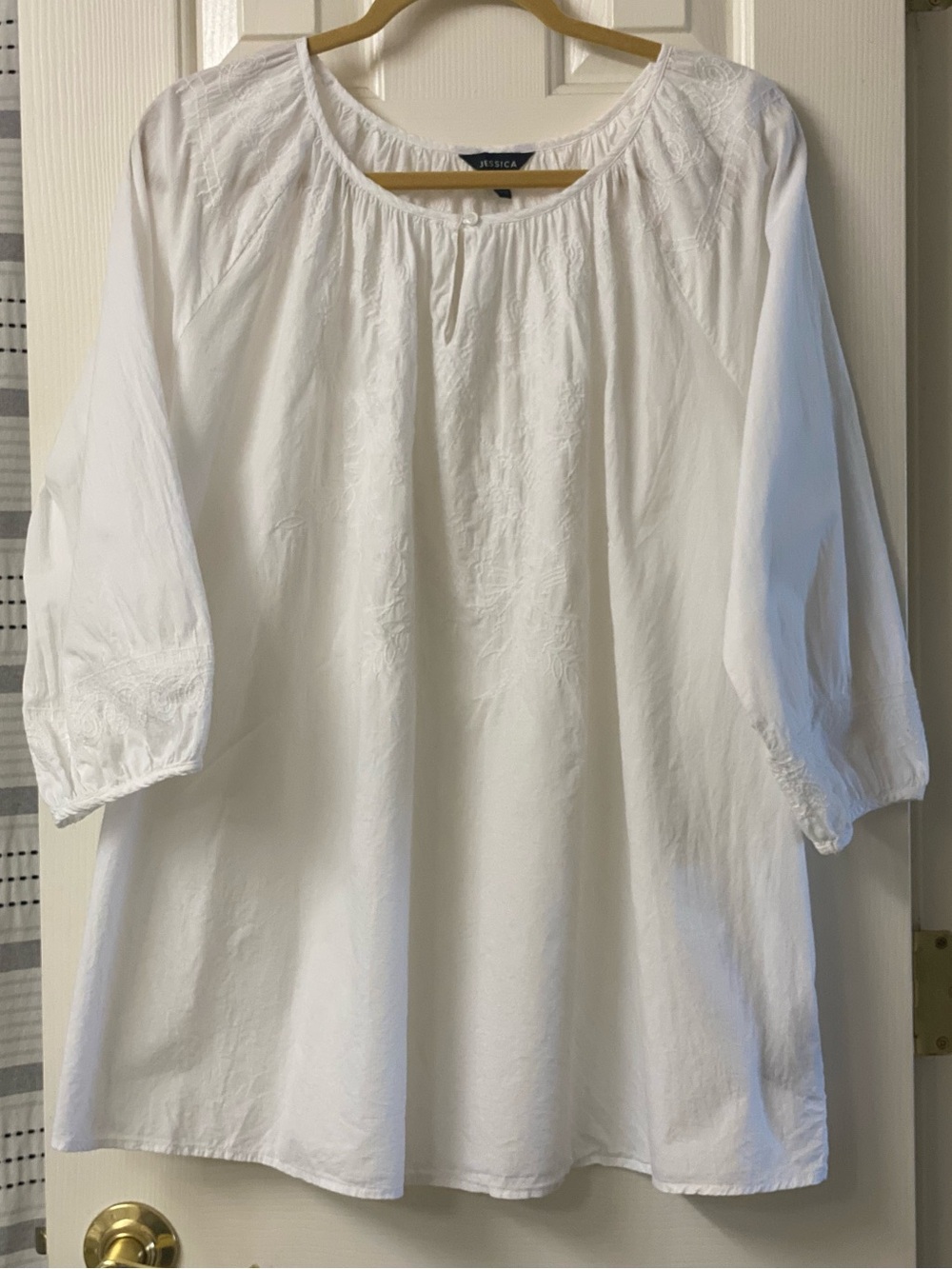 Jessica White Embroidery 3/4 Sleeves Peasant Tunic Top Size 1X 18W (16-18)
